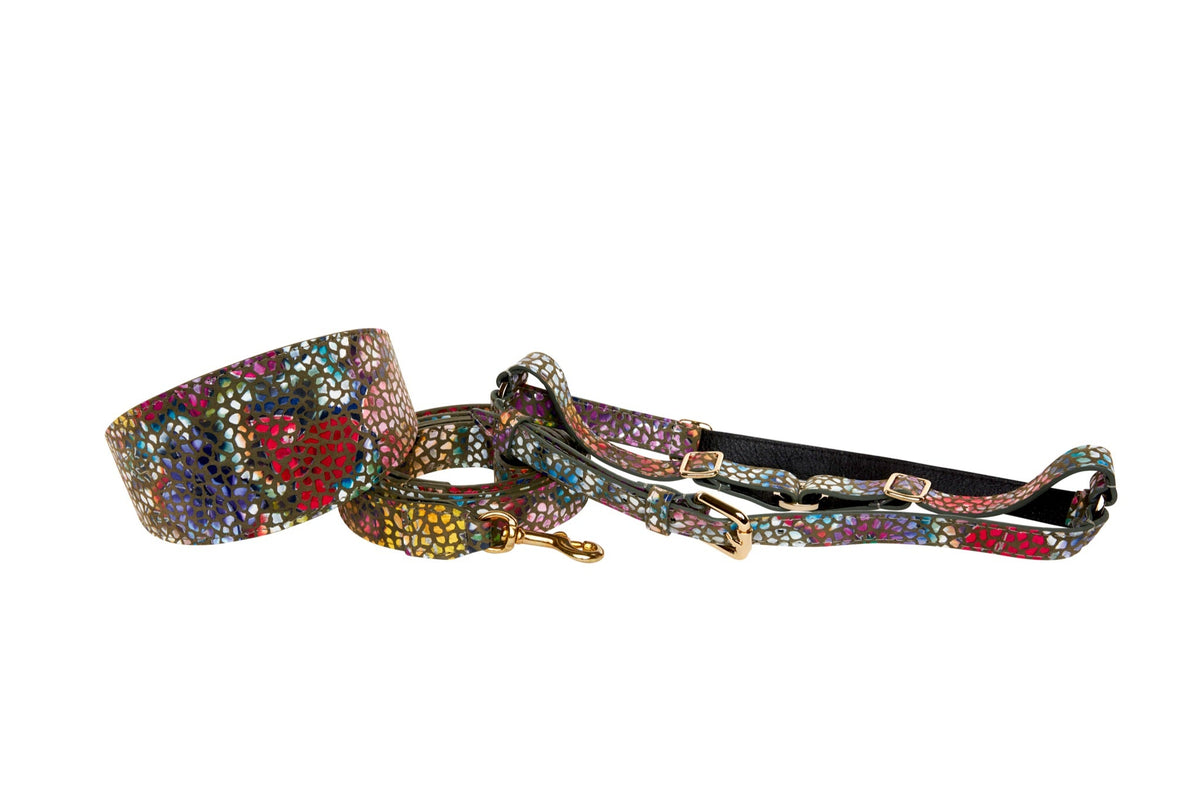 Allysa Payne Olive Floral Mosaic Italian Leather 3-Inch Wide Style Dog Collar, Leash & Harness Set