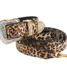Leopard Print Italian Leather Collar & Leash Set With Swarovski Crystal Hardware