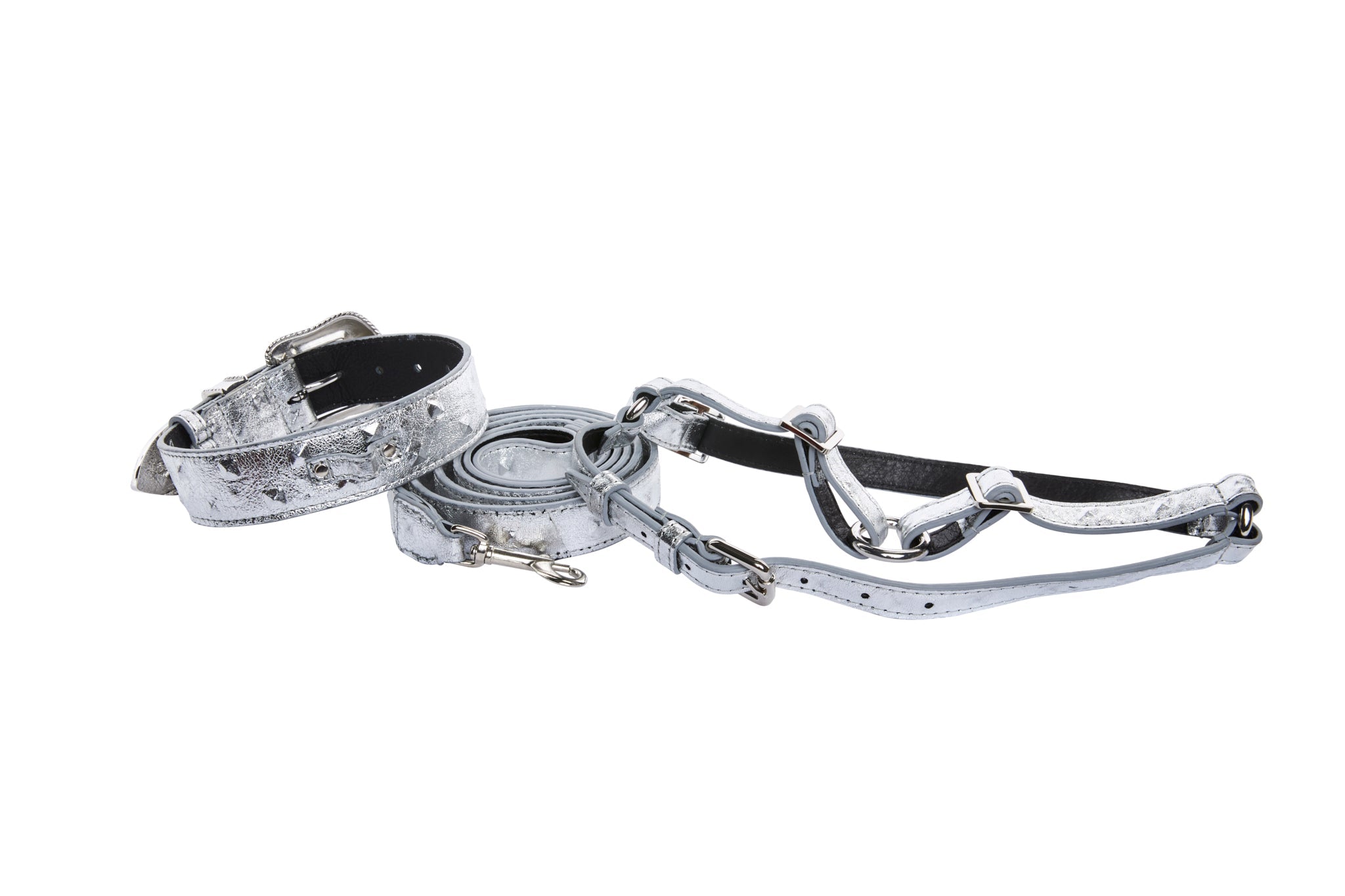 Silver Studded Italian Leather Swarovski Crystal Collar, Leash, Harness Set
