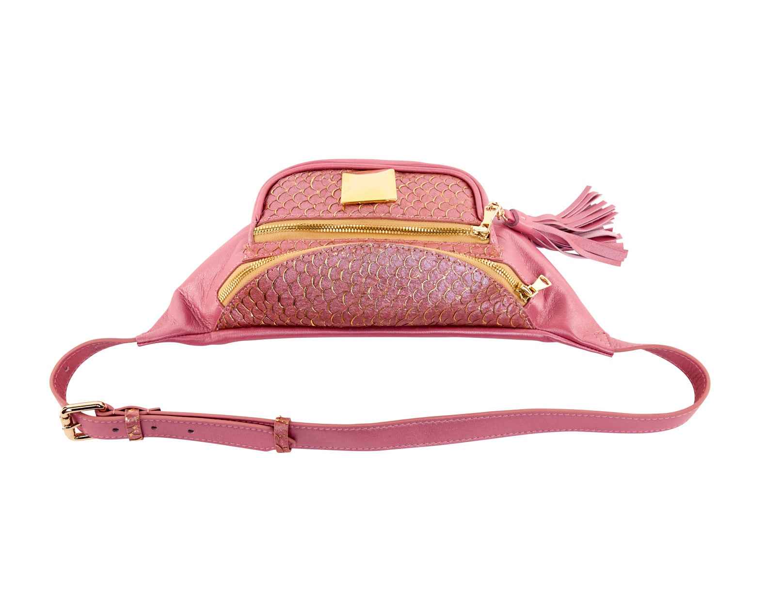 Allysa Payne Pearl Pink Italian Leather/Pink Tilapia Fanny Pack With Custom Large Gold Rivet