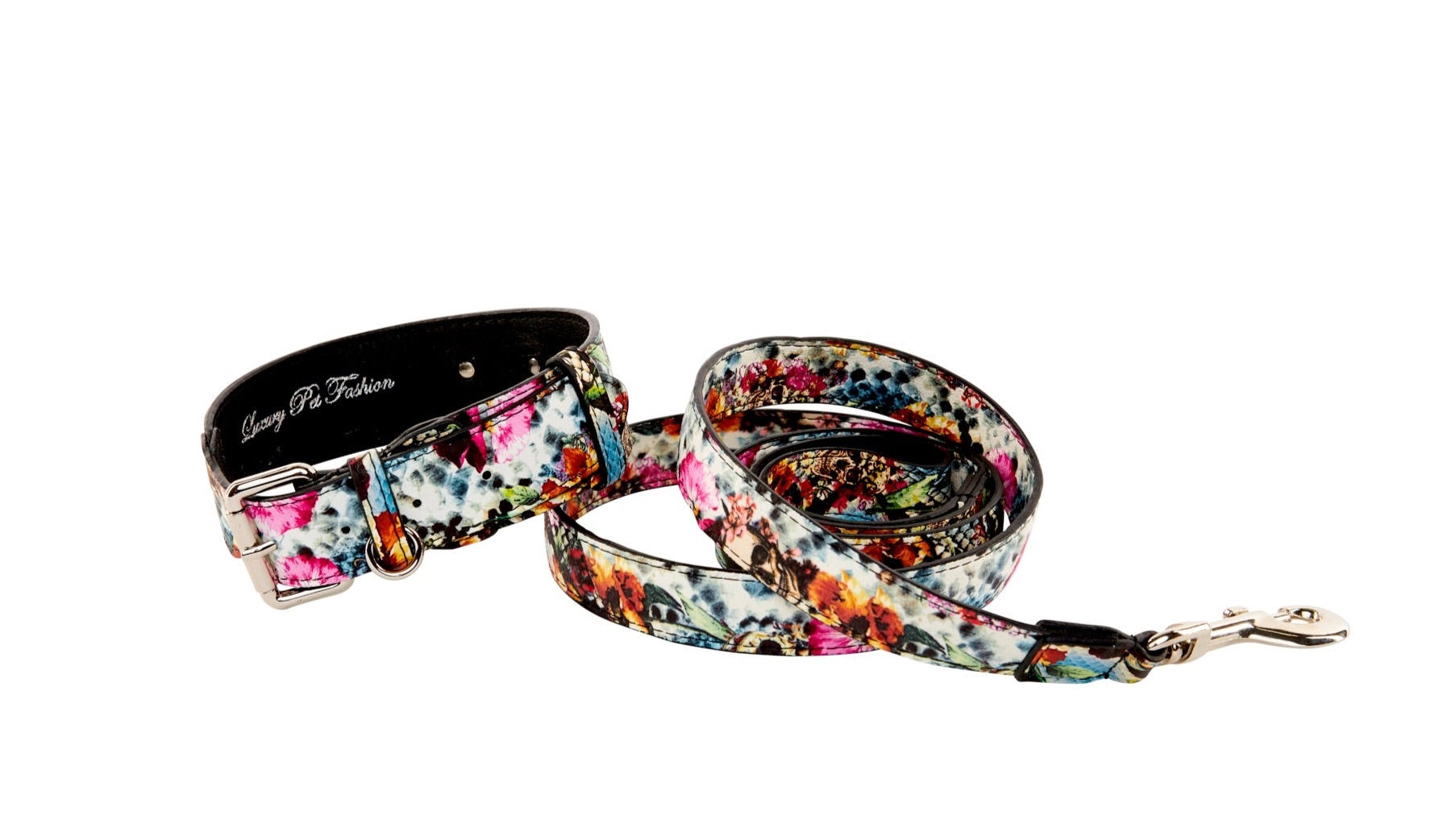 Allysa Payne Floral, Scull, Snake Print Italian Leather Classic Dog Collar & Leash Set