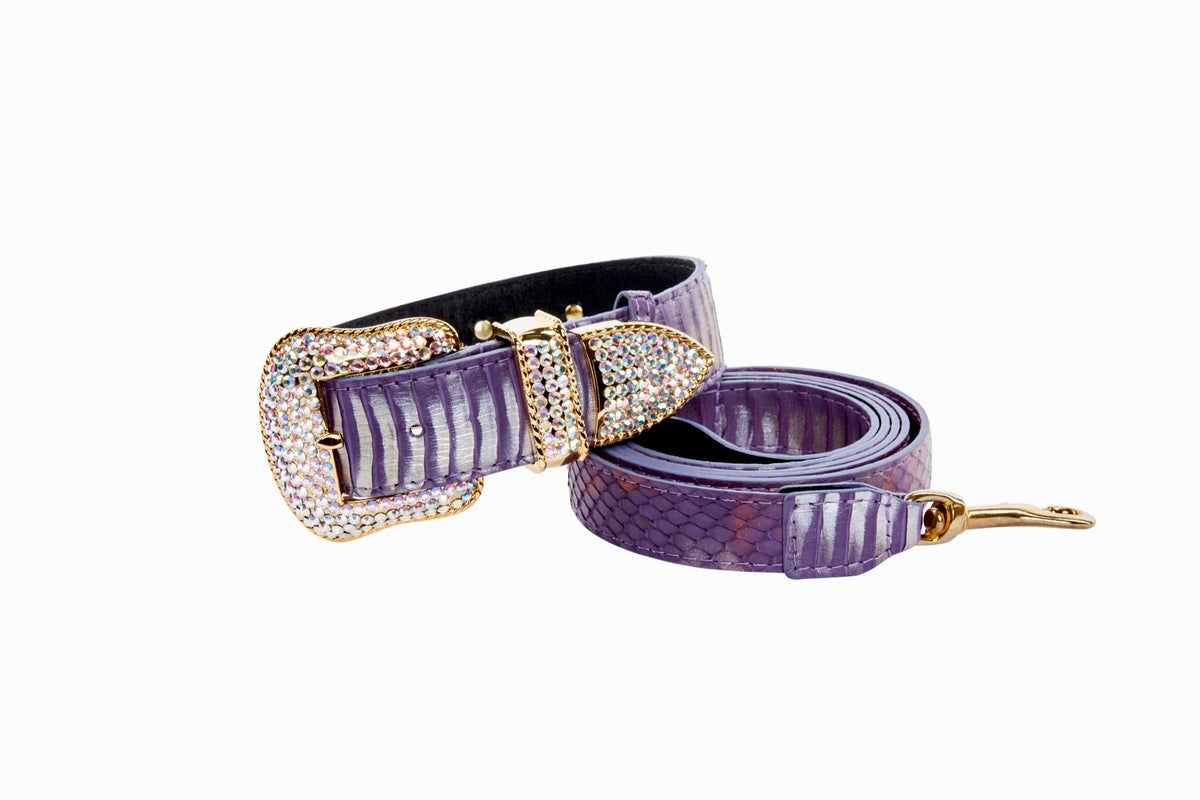 Allysa Payne Luxury Pet Fashion Purple/Silver Multi-Tone Snakeskin With Our Swarovski Crystal Hardware Dog Collar & Leash Set