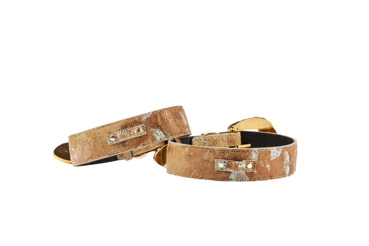 Allysa Payne Rustic, Chic Hair On Hide Italian Leather With Ornate Swarovski Crystal Italian Hardware Set Of 2 Dog Collar