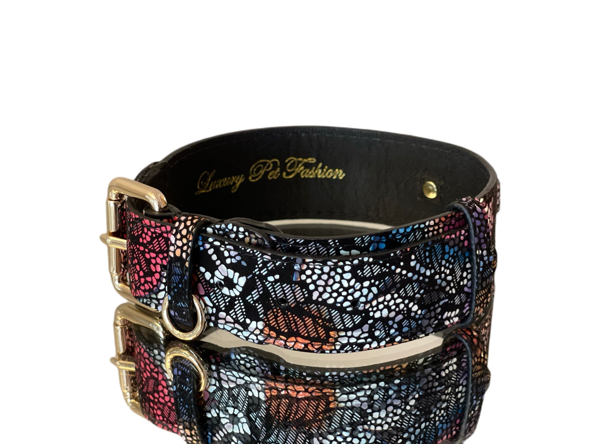 Luxury Pet Fashion Black Floral Lace Italian Leather Collar With Gold Classic Hardware