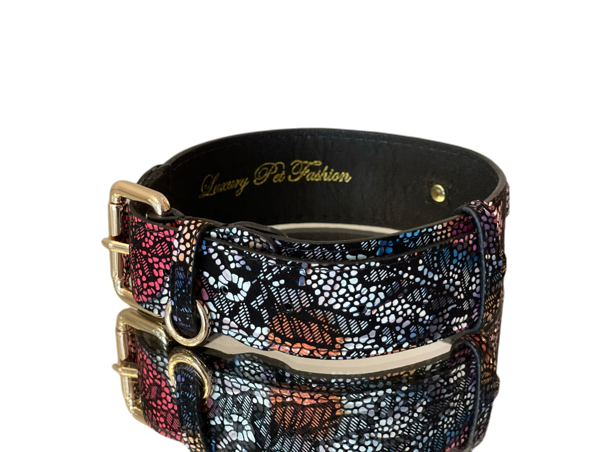 Allysa Payne Luxury Pet Fashion Black Floral Lace Italian Leather Dog Collar With Gold Classic Hardware