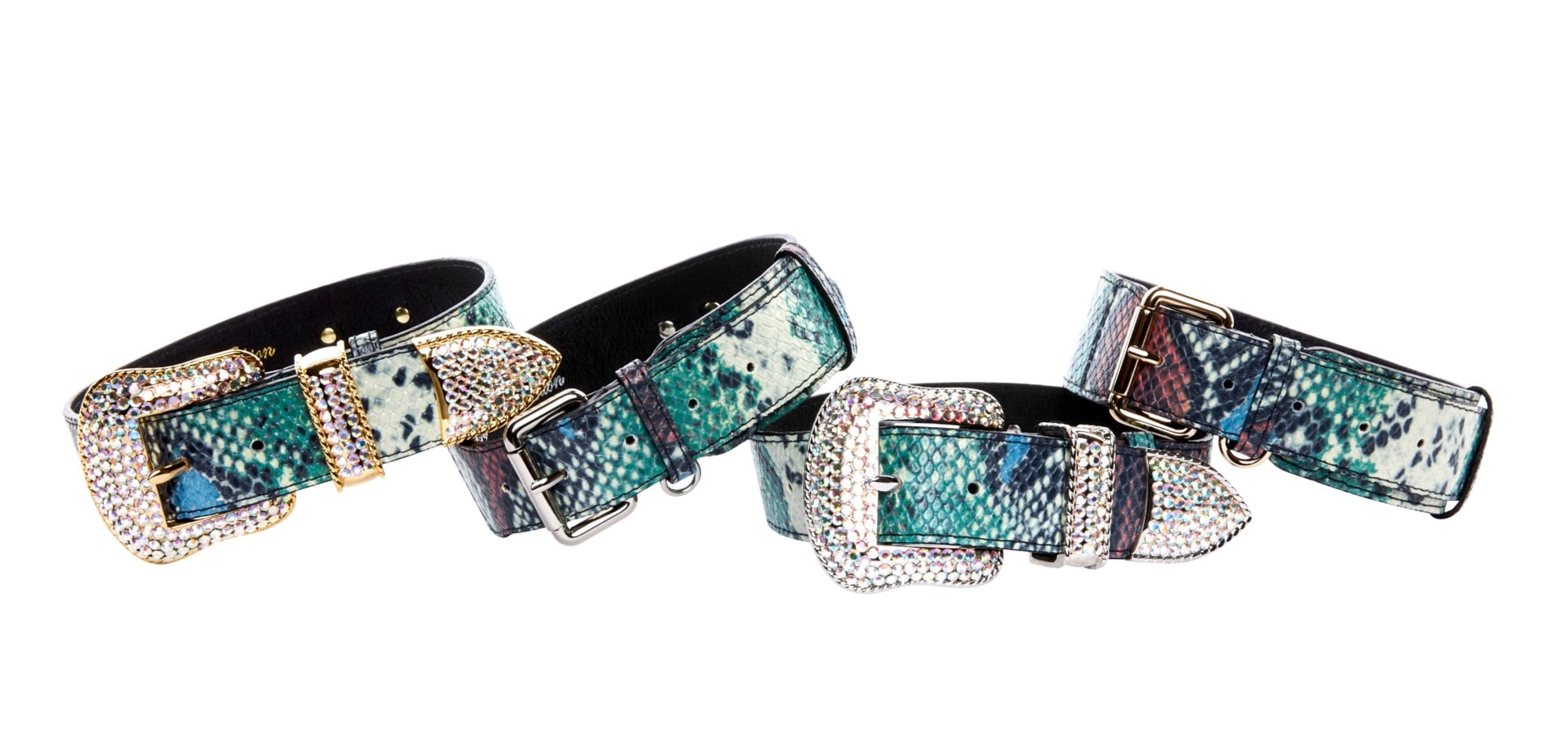Green, Blue, Black, Red Embossed Snake Italian Leather Collar With Gold Swarovski & Classic Hardware & Gold & Silver Classic Hardware Set Of 4