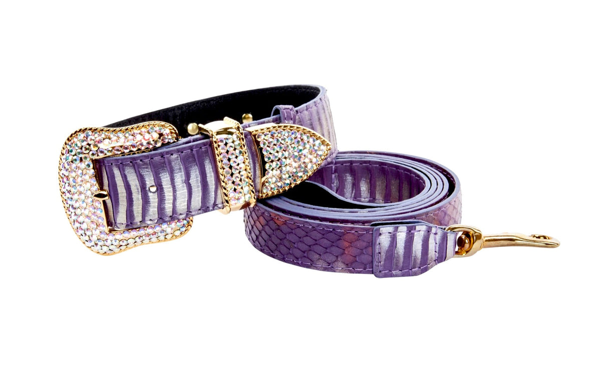 Allysa Payne Luxury Pet Fashion Purple/Silver Multi-Tone Snakeskin With Our Swarovski Crystal Hardware Dog Collar & Leash Set