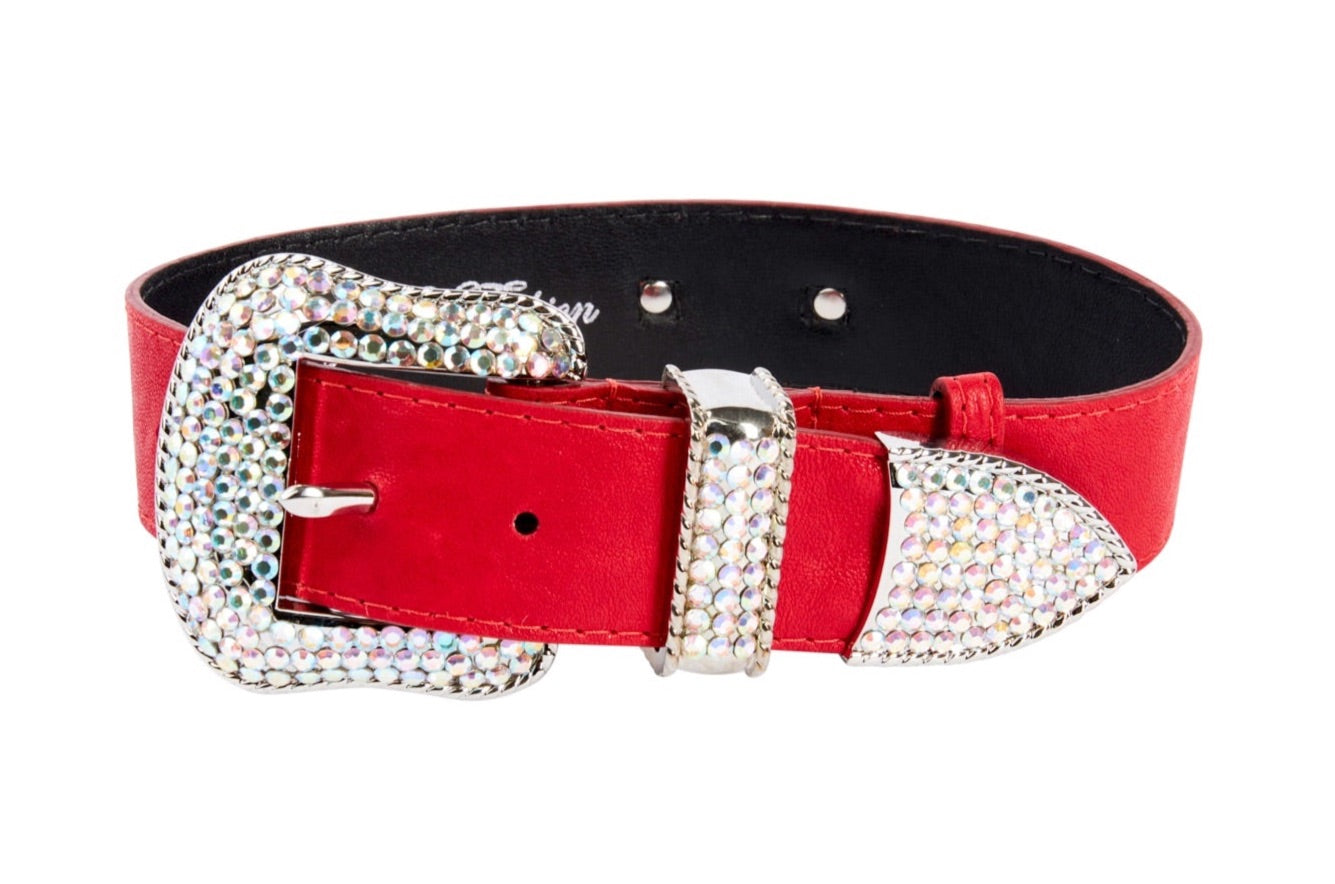 Red Distressed Italian Leather With Silver Swarovski Hardware