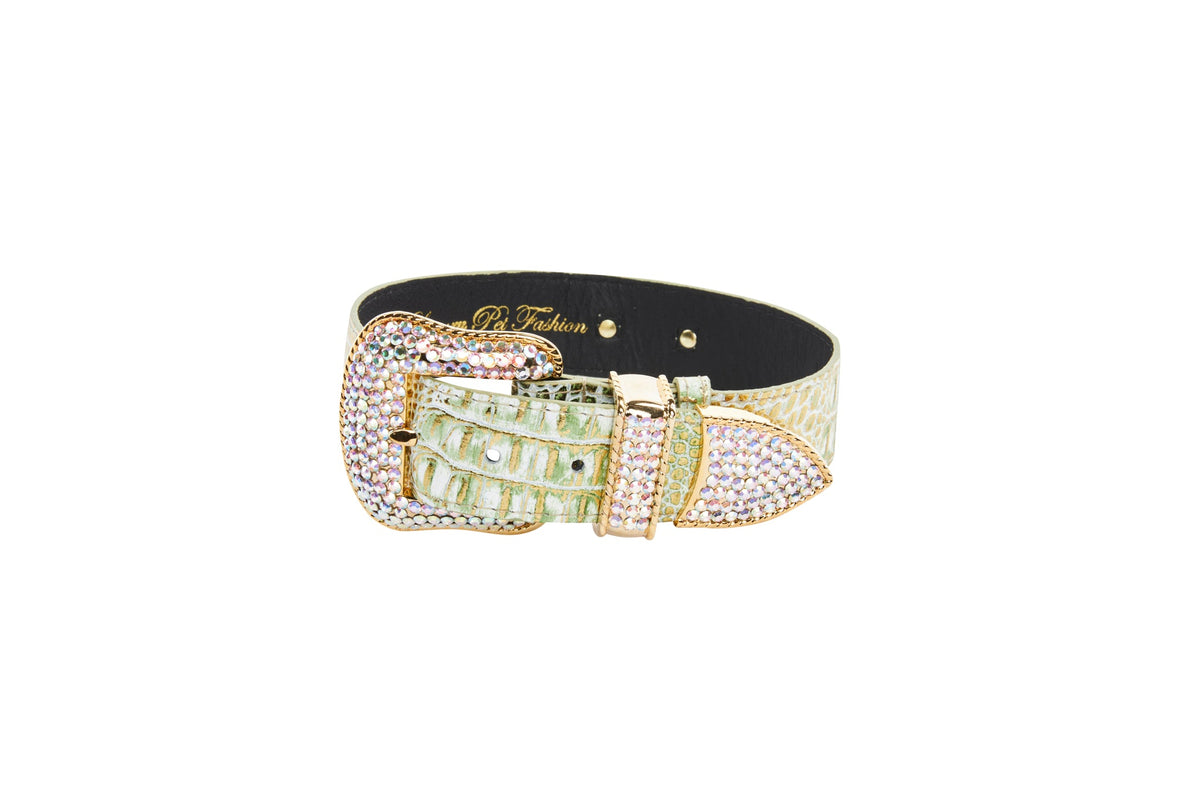 Allysa Payne Green & Gold Embossed Croc Italian Leather Swarovski Crystal Dog Collar