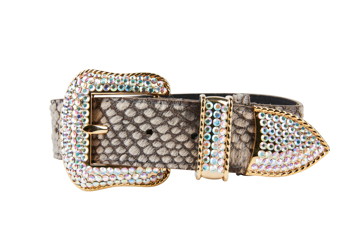 Allysa Payne Grey/Bronze Snake Print Hair On Hide Italian Leather Dog Collar With Swarovski Crystal Hardware