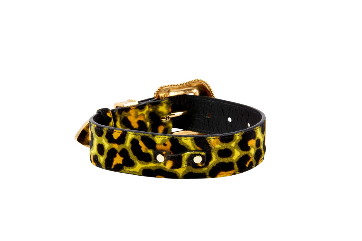 Allysa Payne Yellow, Green, Black, Orange Leopard Print Hair On Hide Italian Leather Dog Collar, With Swarovski Crystal Hardware