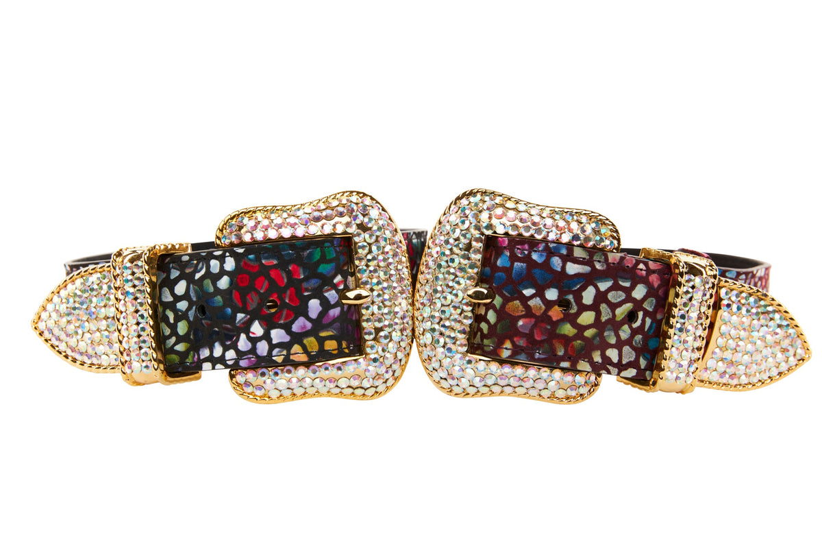 Allysa Payne Luxury Pet Fashion Burgundy Floral Mosaic & Black Floral Mosaic Italian Leather With Silver Swarovski Crystal Hardware Dog Collar