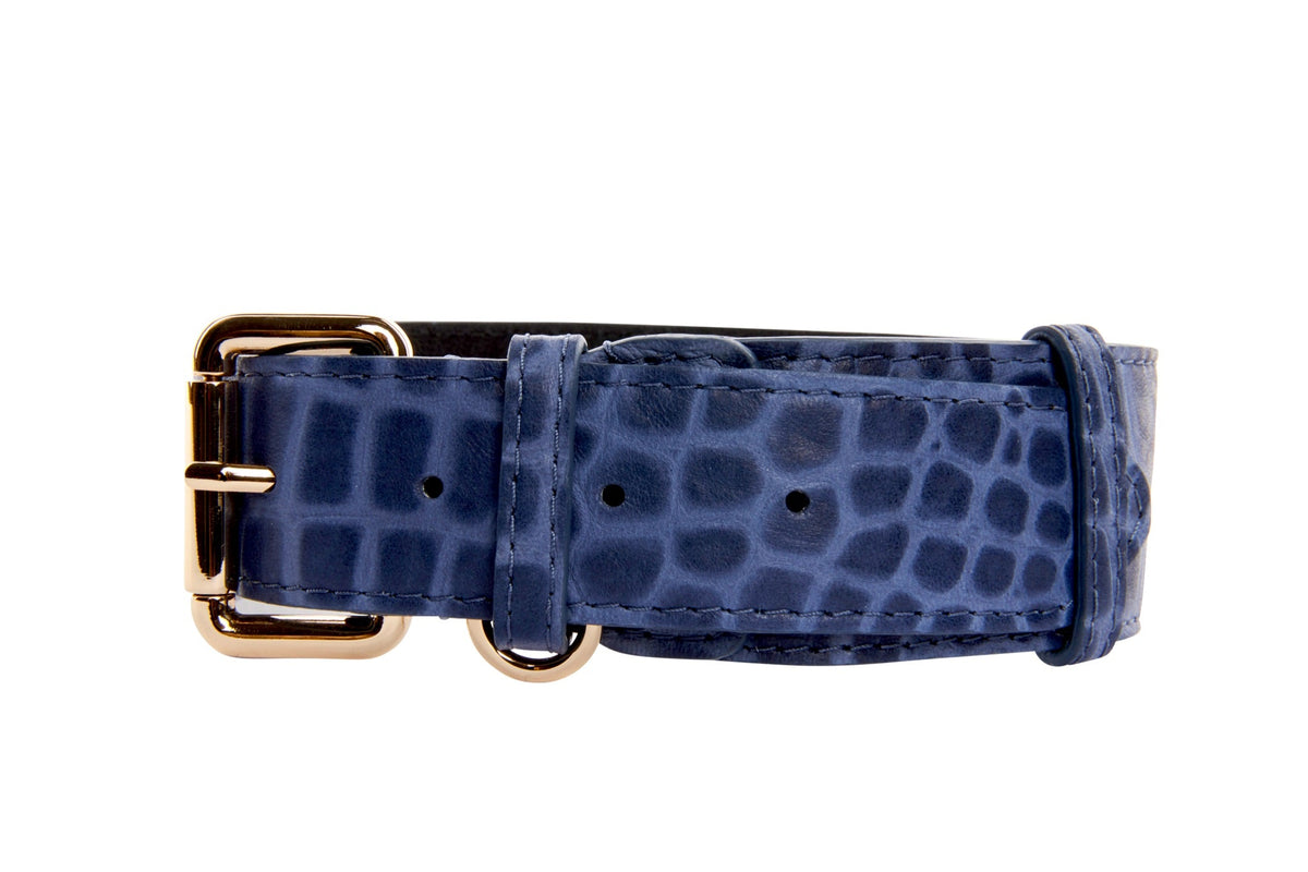 Allysa Payne Blue Embossed Croc Italian Leather Dog Collar With Gold Classic Hardware