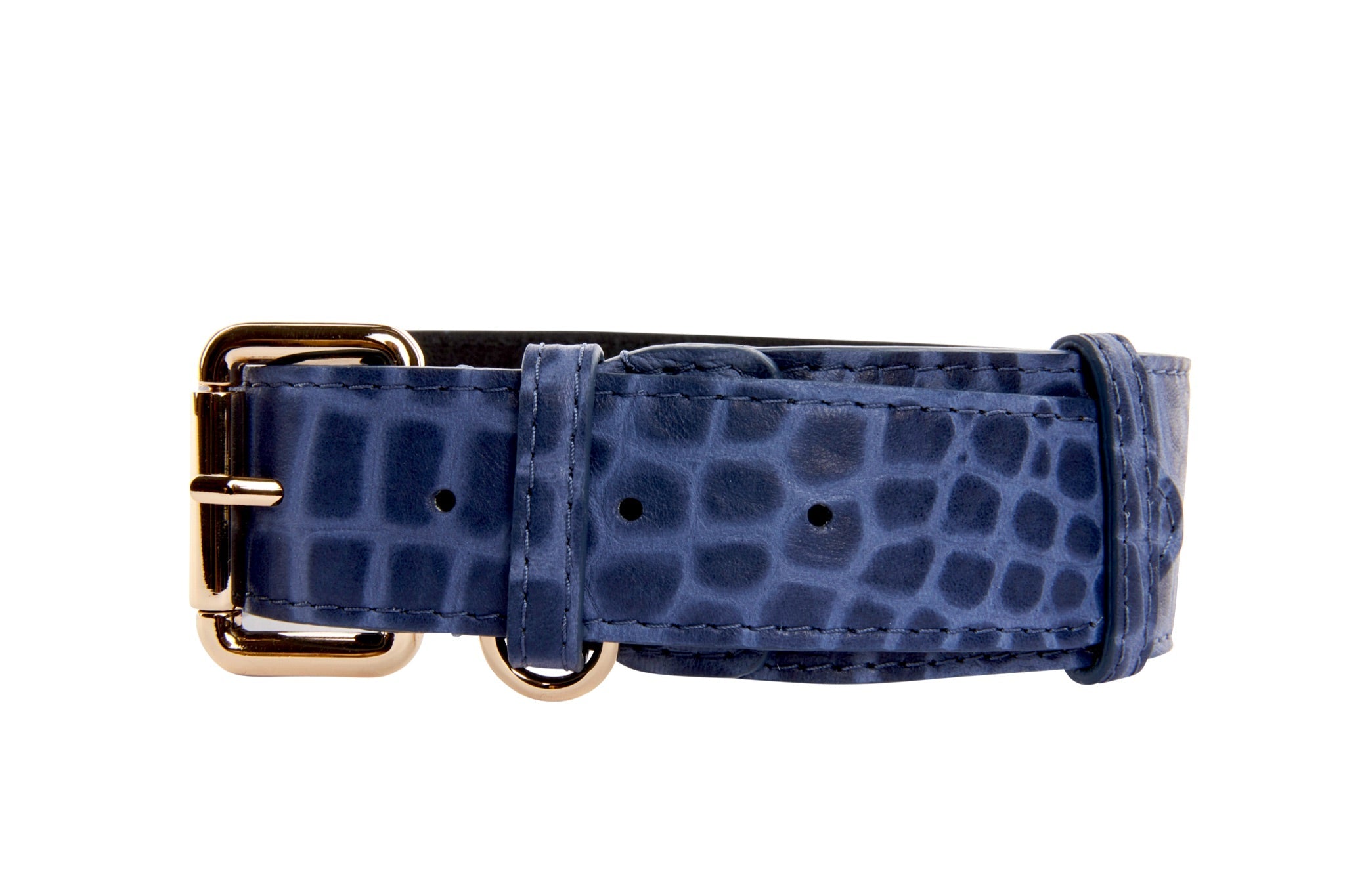 Allysa Payne Blue Embossed Croc Italian Leather Dog Collar With Gold Classic Hardware