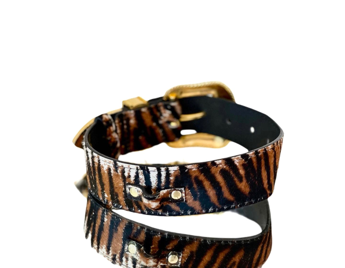 Allysa Payne Luxury Pet Fashion Tiger Print Hair On Hide Italian Leather Dog Collar With Swarovski Crystal Hardware