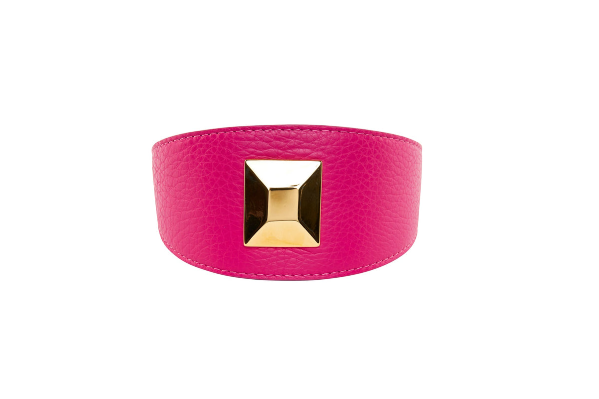 Allysa Payne Fuchsia Pink Italian Leather 3-Inch Wide Style Dog Collar With Custom Large Gold Rivet