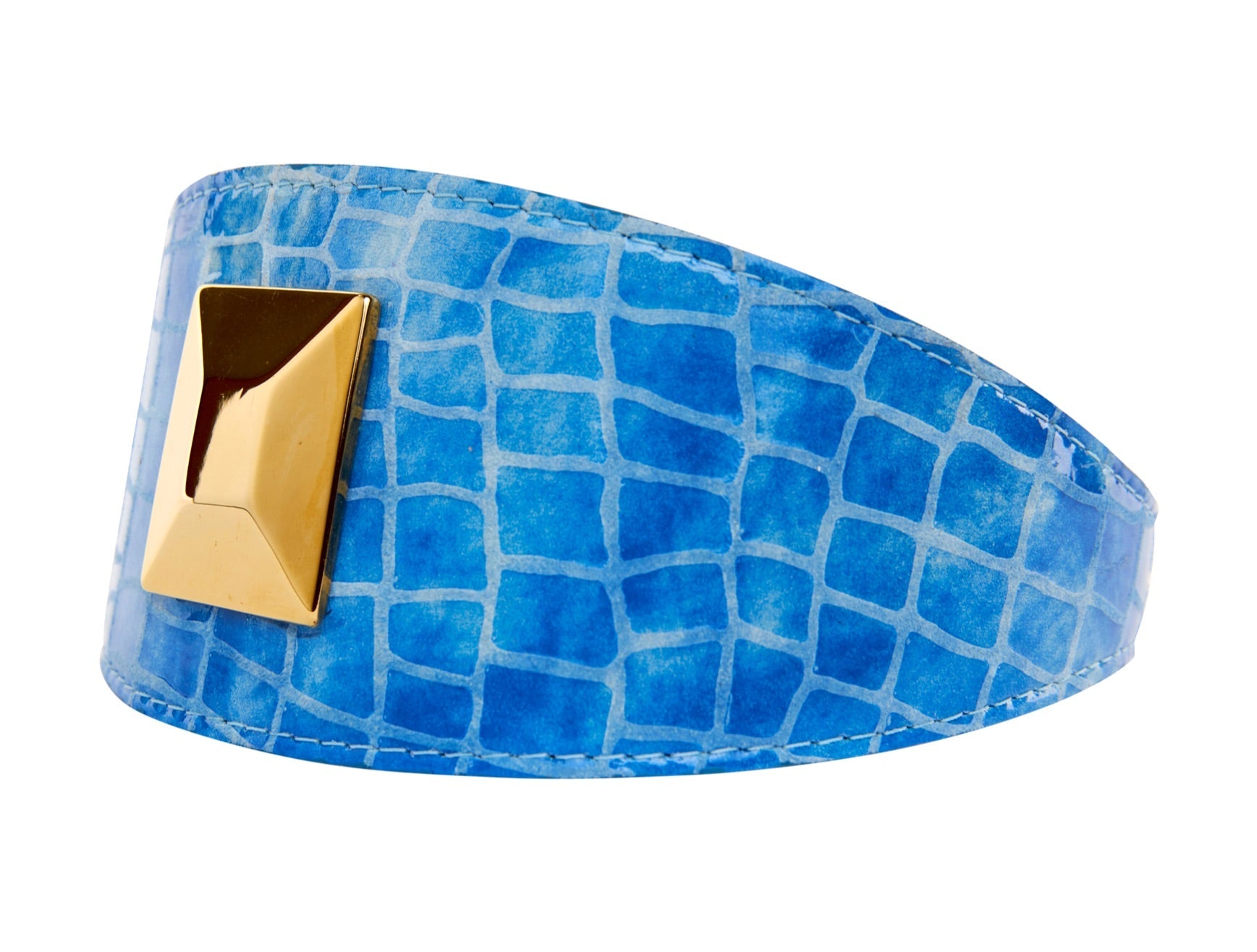 Allysa Payne Blue Patent Embossed Croc Italian Leather Dog Collar With Large Gold Custom Rivet