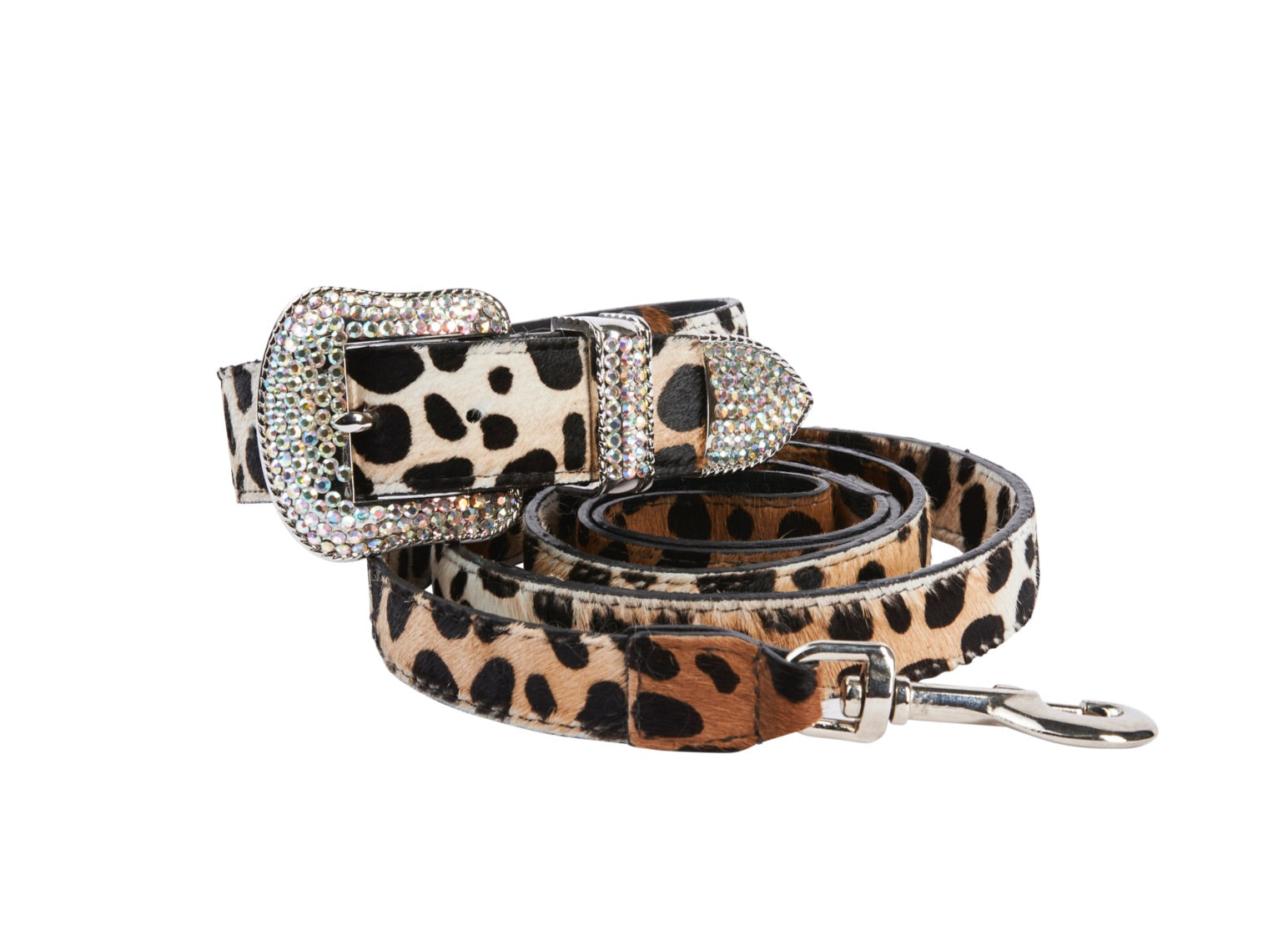 Allysa Payne Animal Print Hair On Hide Italian Leather/Swarovski Crystal Dog Collar & Leash Set