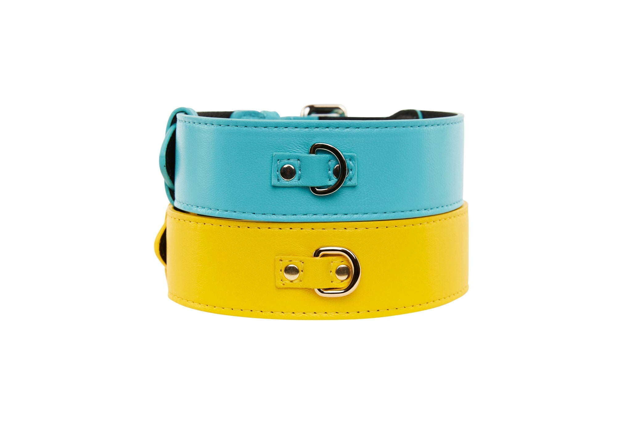 Turquoise Italian Leather/Silver Classic Hardware Collar & Yellow Italian Leather/Classic Gold Hardware Set