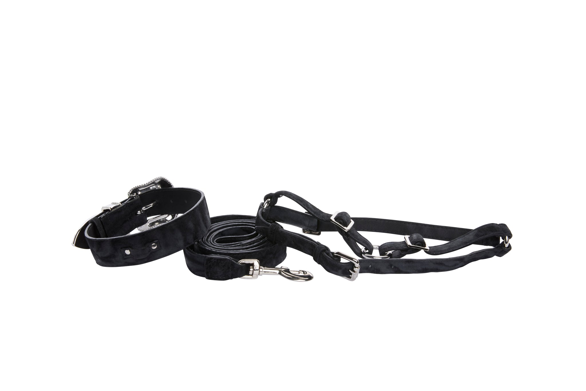 Allysa Payne Black & Dark Navy Blue Glamorous, Classic Italian Leather With Silver Swarovski Hardware Dog Collar, Leash & Harness Set