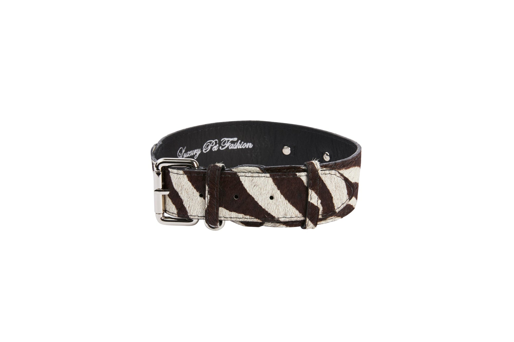 Allysa Payne Distressed Brown & White Zebra Print Hair On Hide Classic Dog Collar with Silver Classic Hardware