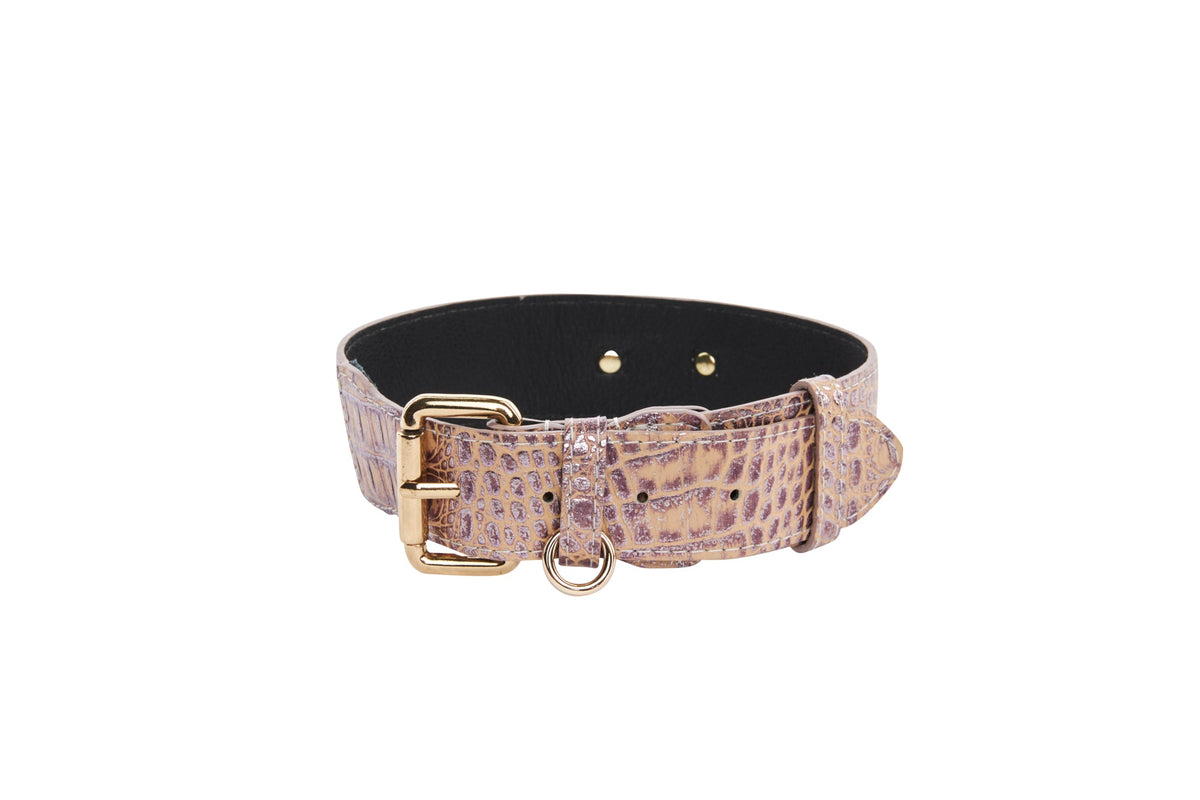 Allysa Payne Pink, Purple & Silver Embossed Croc Italian Leather/Classic Dog Collar