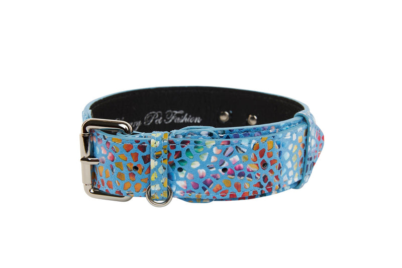 Allysa Payne Luxury Pet Fashion Blue Floral Mosaic Italian Leather Dog Collar