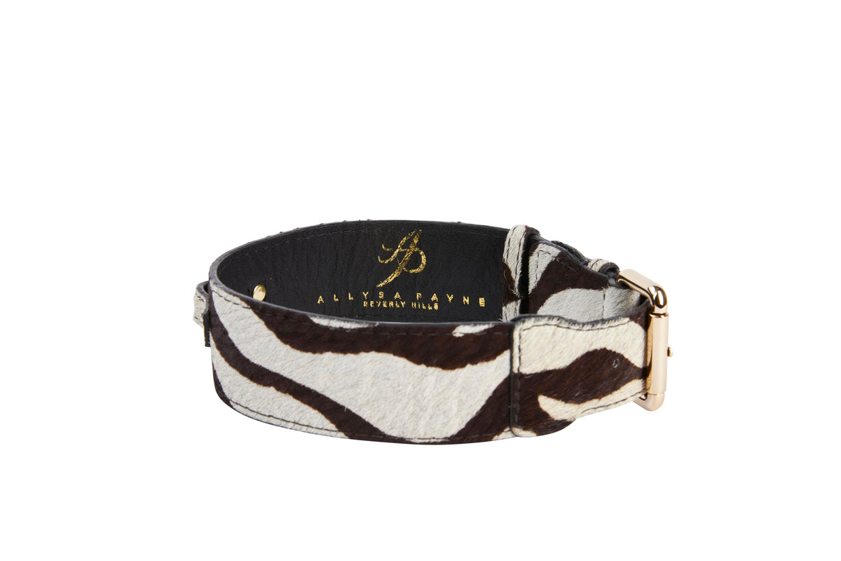 Allysa Payne Distressed Brown & White Zebra Print Hair On Hide Classic Dog Collar with Gold Classic Hardware