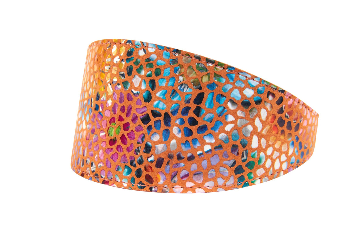 Allysa Payne Orange Floral Mosaic Italian Leather 3-Inch Wide Style Dog Collar