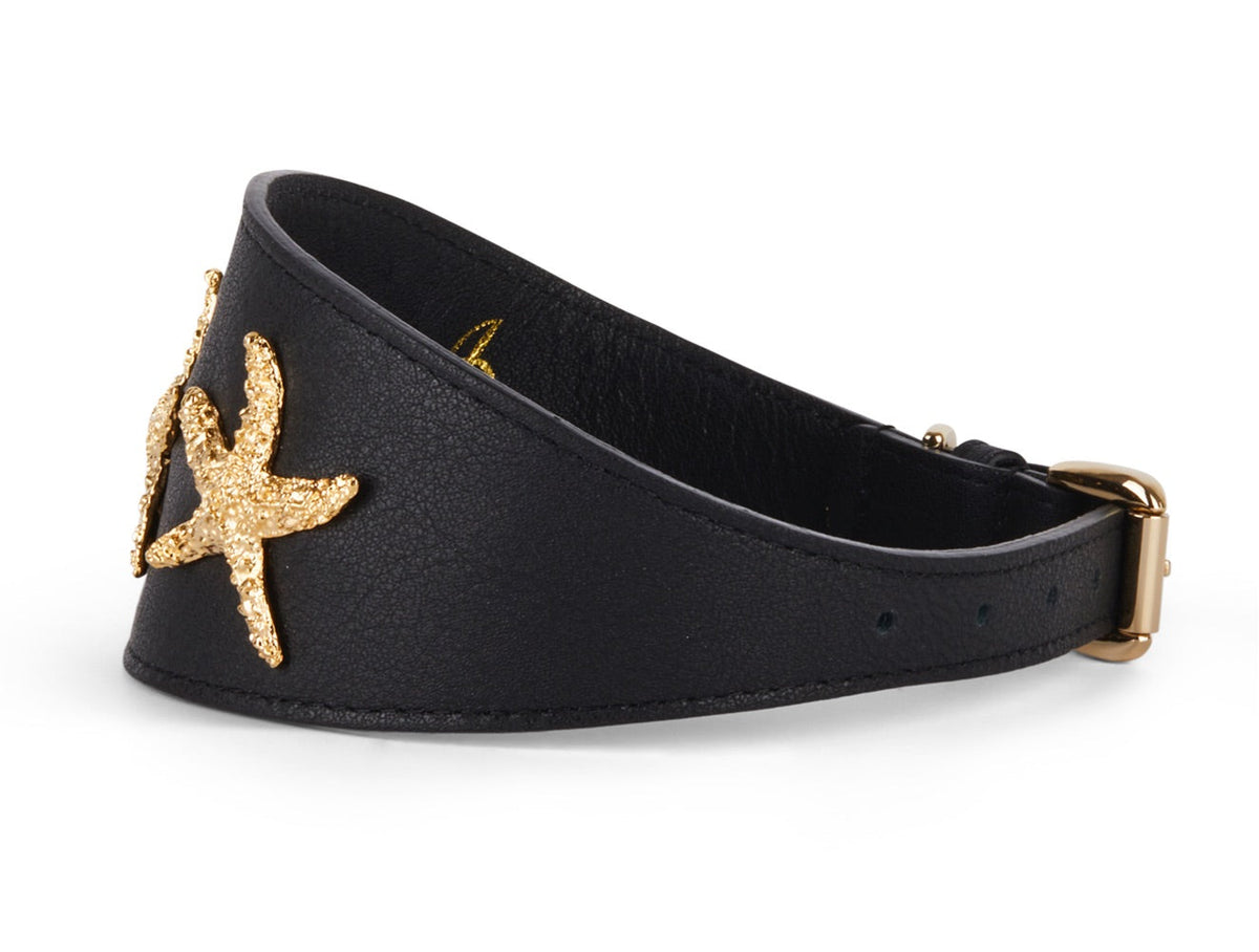 Allysa Payne Smooth Black Italian Leather 3-Inch Wide Style Dog Collar With Gold Custom Starfish