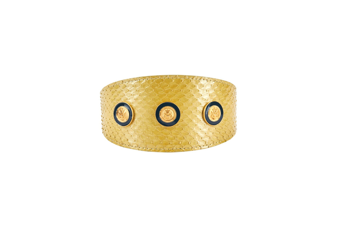 Allysa Payne Pearl Yellow Snake With Vintage Gold & Navy Rivets. 3-Inch Wide Style Dog Collar