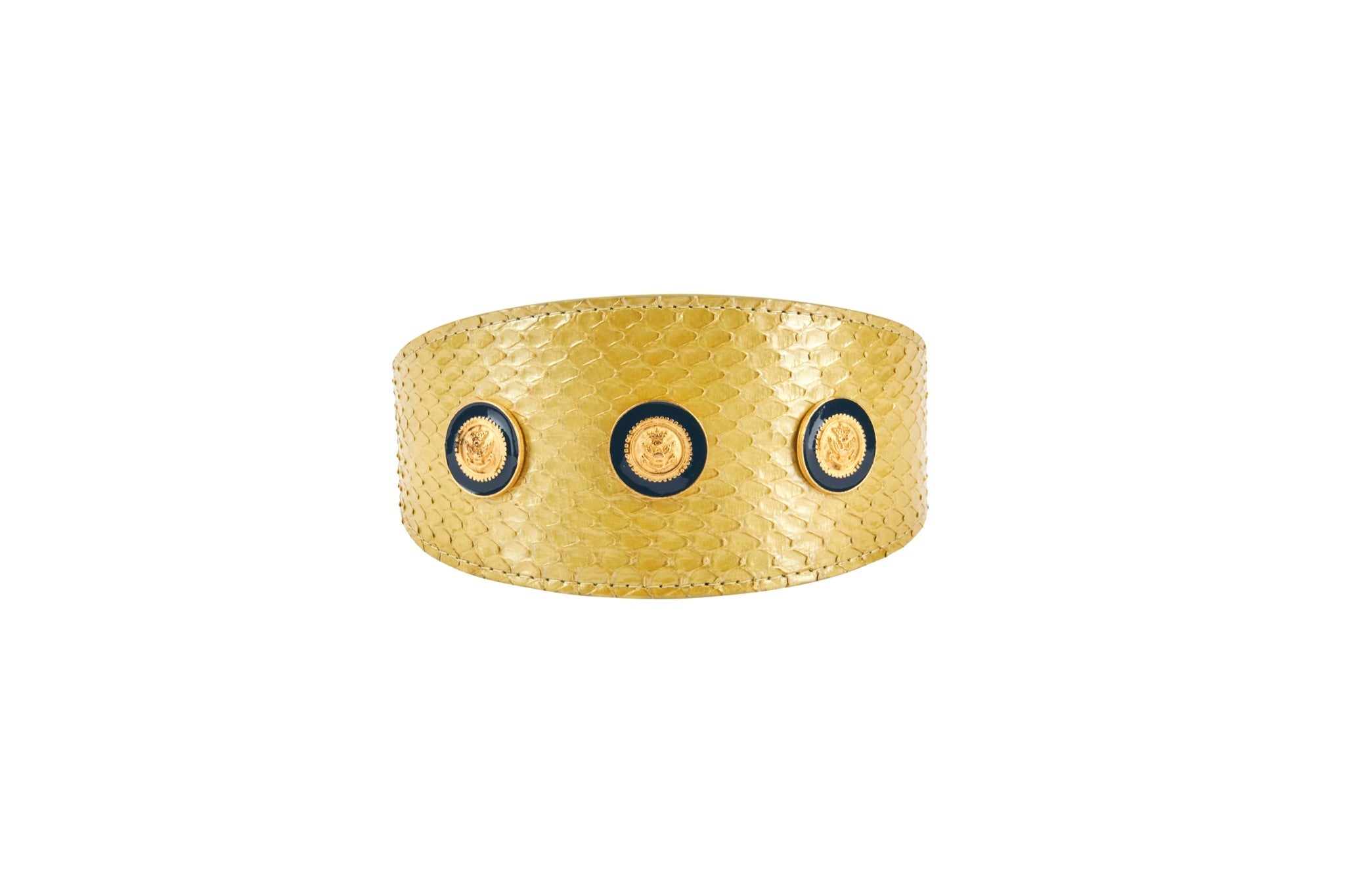 Pearl Yellow Snake With Vintage Gold & Navy Rivets. 3" Wide Style Collar