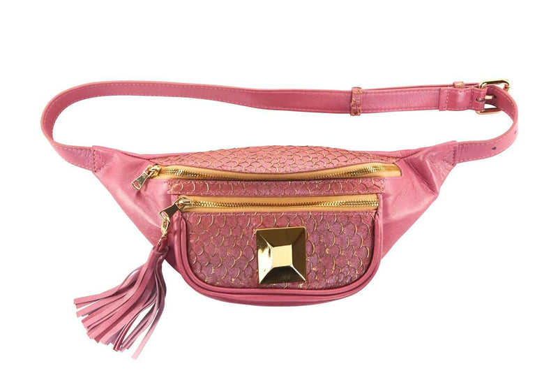 Allysa Payne Pearl Pink Italian Leather/Pink Tilapia Fanny Pack With Custom Large Gold Rivet