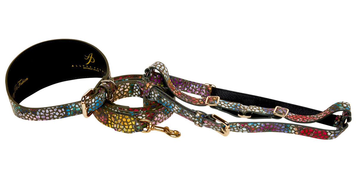 Allysa Payne Olive Floral Mosaic Italian Leather 3-Inch Wide Style Dog Collar, Leash & Harness Set