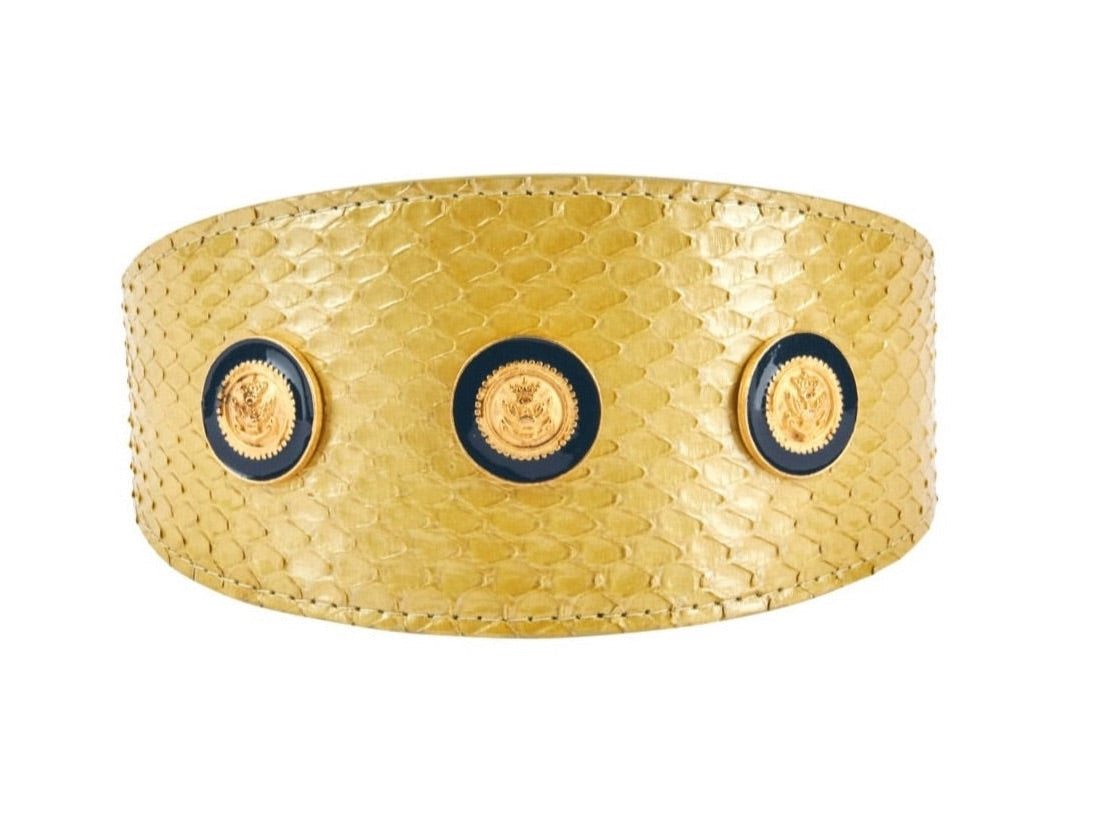 Allysa Payne Pearl Yellow Snake With Vintage Gold & Navy Rivets. 3-Inch Wide Style Dog Collar