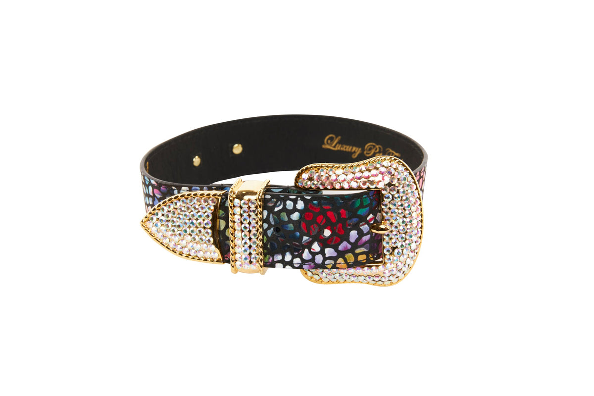 Allysa Payne Luxury Pet Fashion Black Floral Mosaic Italian Leather With Gold Swarovski Crystal Hardware Dog Collar
