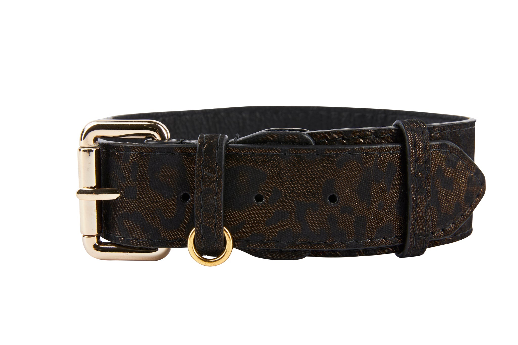 Dark Brown/Bronze Abstract Leopard Print Italian Leather Collar With Classic Hardware