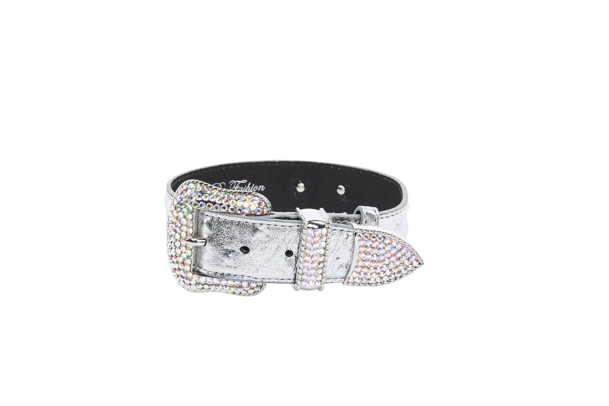 Allysa Payne Silver Studded Italian Leather Swarovski Crystal Dog Collar
