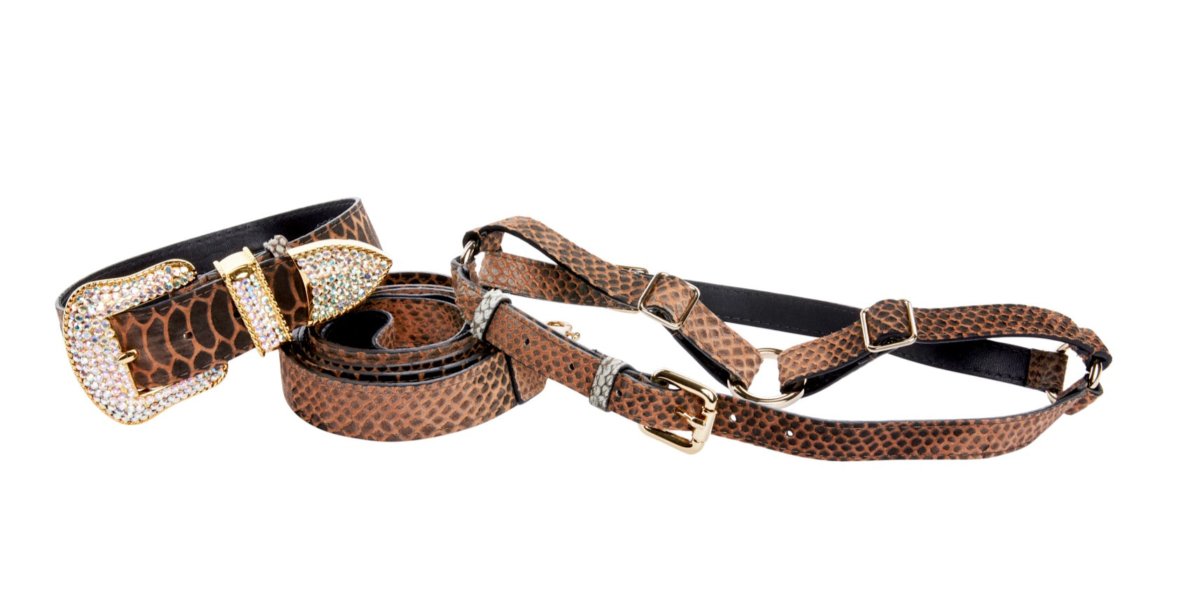 Allysa Payne Brown/Black Embossed Snake Italian Leather Dog Collar, Leash & Harness Set