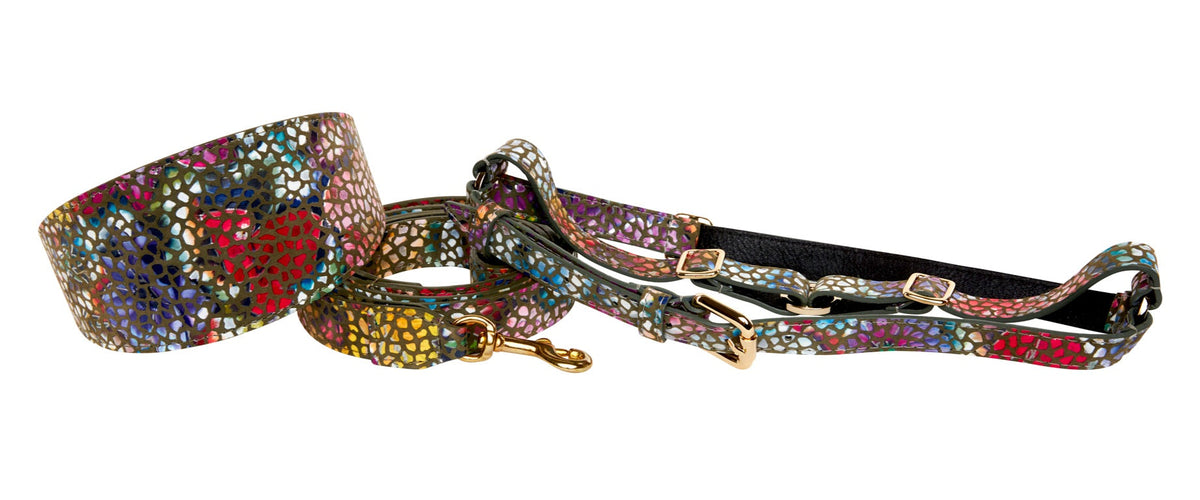 Allysa Payne Olive Floral Mosaic Italian Leather 3-Inch Wide Style Dog Collar, Leash & Harness Set