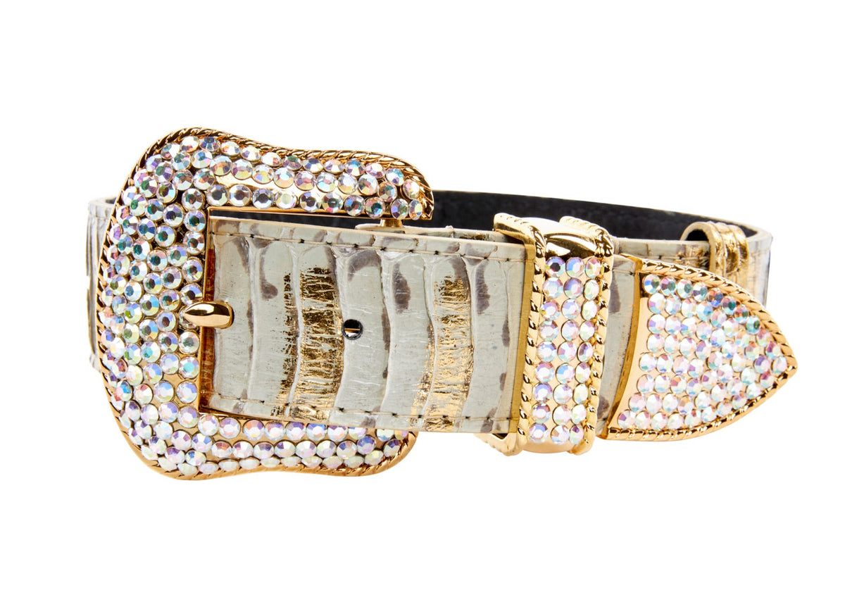 Allysa Payne White Wash & Gold Snake Dog Collar With Swarovski Crystal Hardware