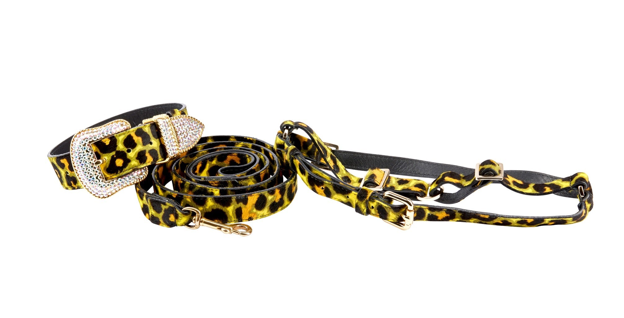 Yellow, Green, Black, Orange Leopard Print Hair On Hide Italian Leather Collar, With Swarovski Crystal Hardware, Leash & Harness Set