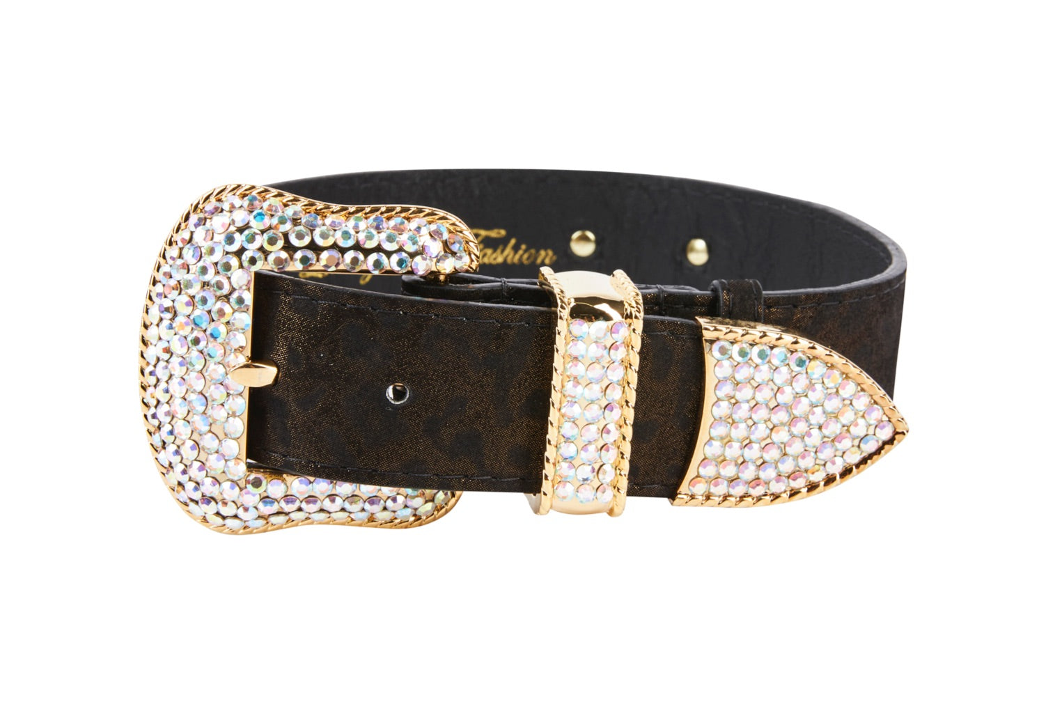 Dark Brown/Bronze Abstract Leopard Print Italian Leather Collar With Swarovski Crystal Hardware