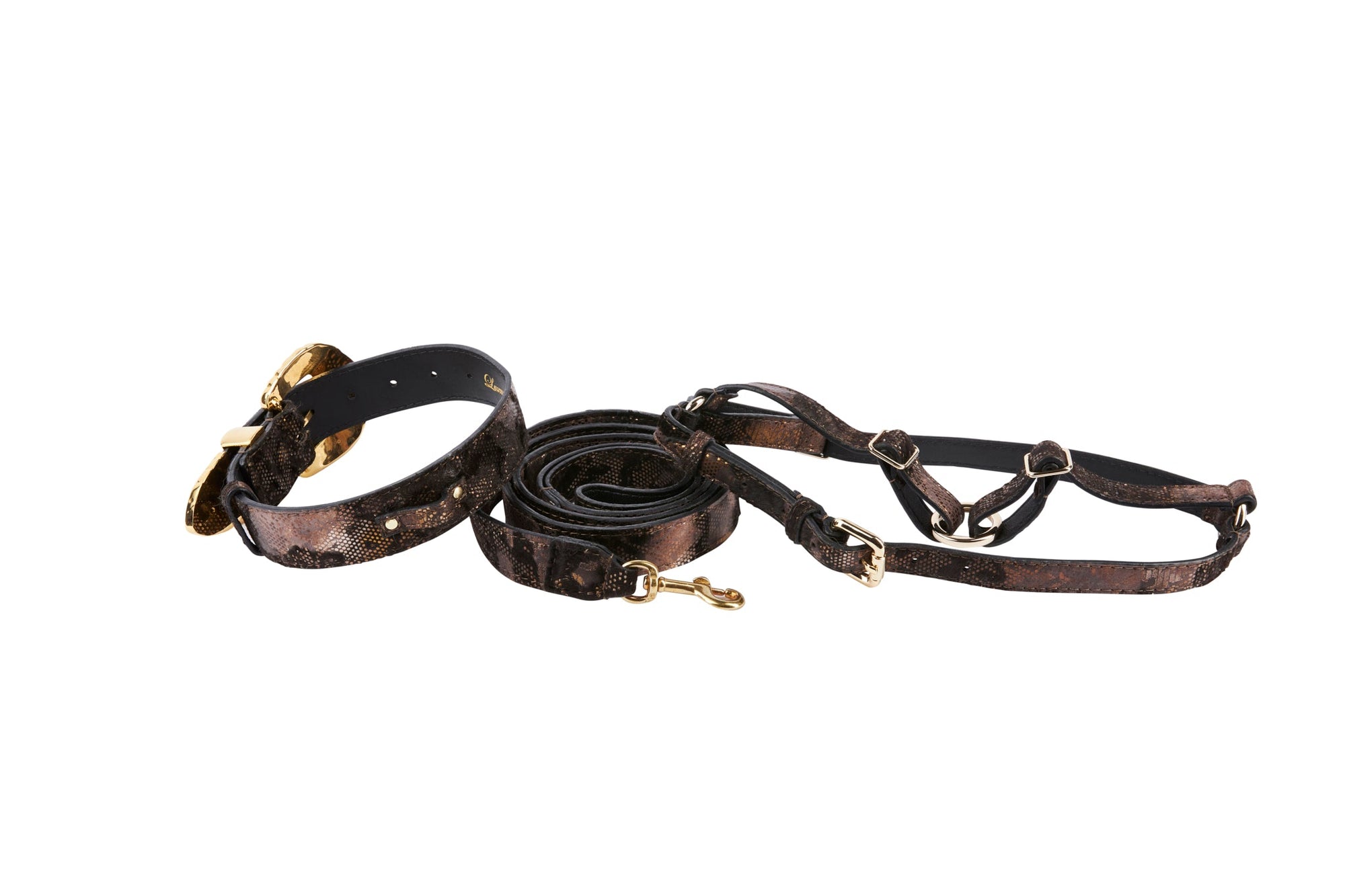 Allysa Payne Brown Lace In Leather Print Suede Italian Leather With Ornate Swarovski Crystal Italian Hardware Set Dog Collar