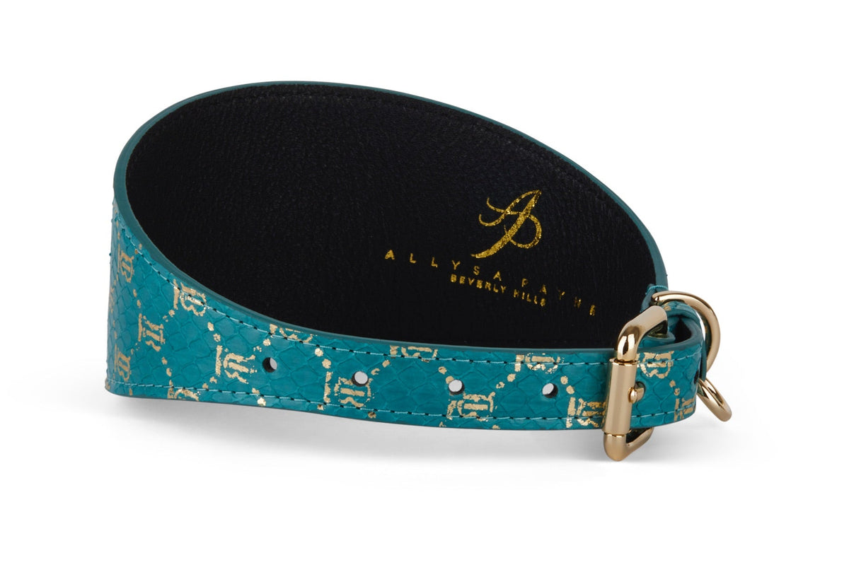 Allysa Payne Teal & Gold Monogram Snake 3-Inch Wide Style Dog Collar