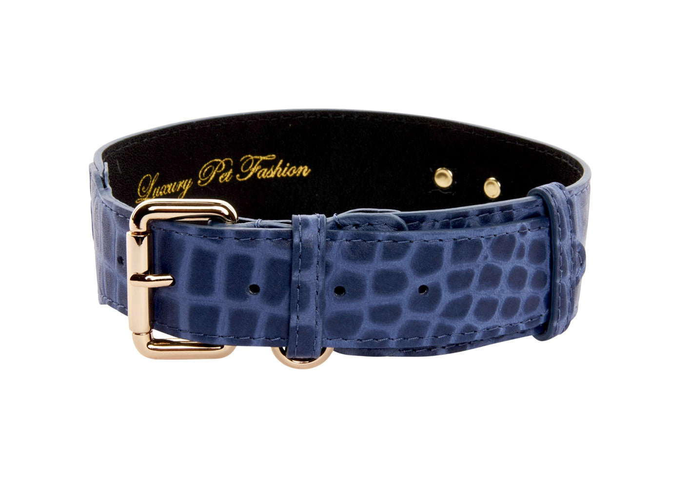 Allysa Payne Blue Embossed Croc Italian Leather Dog Collar With Gold Classic Hardware