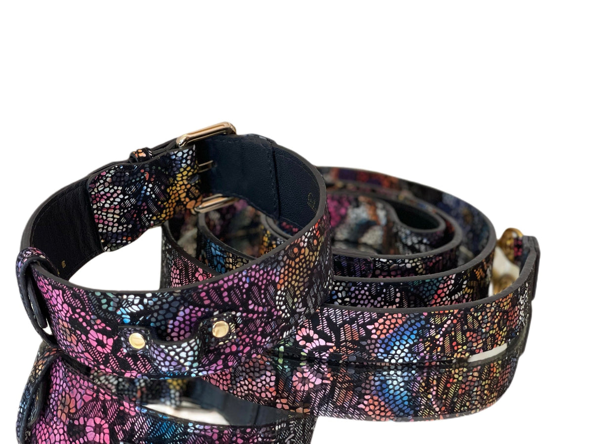 Allysa Payne Luxury Pet Fashion Black Floral Lace Italian Leather With Gold Classic Hardware Dog Collar & Leash Set