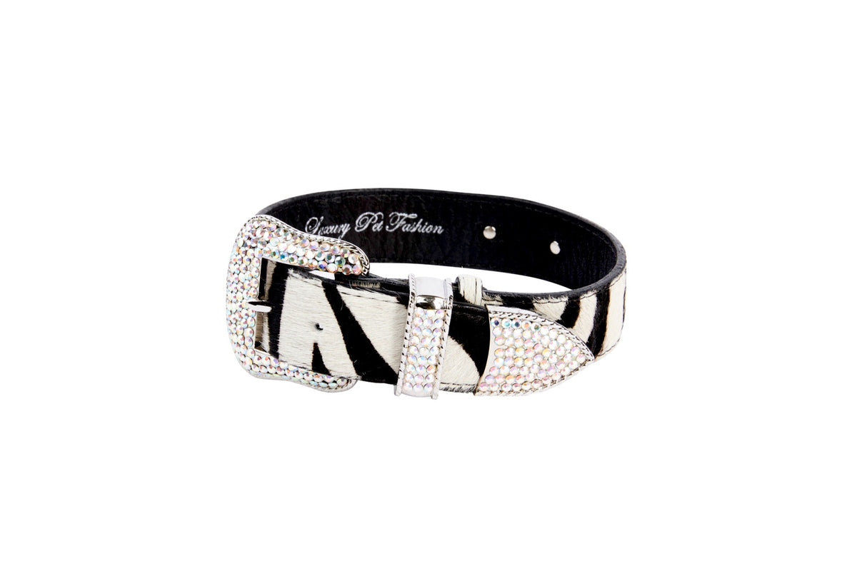Allysa Payne Zebra Print Hair On Hide Italian Leather With Swarovski Crystal Hardware Dog Collar