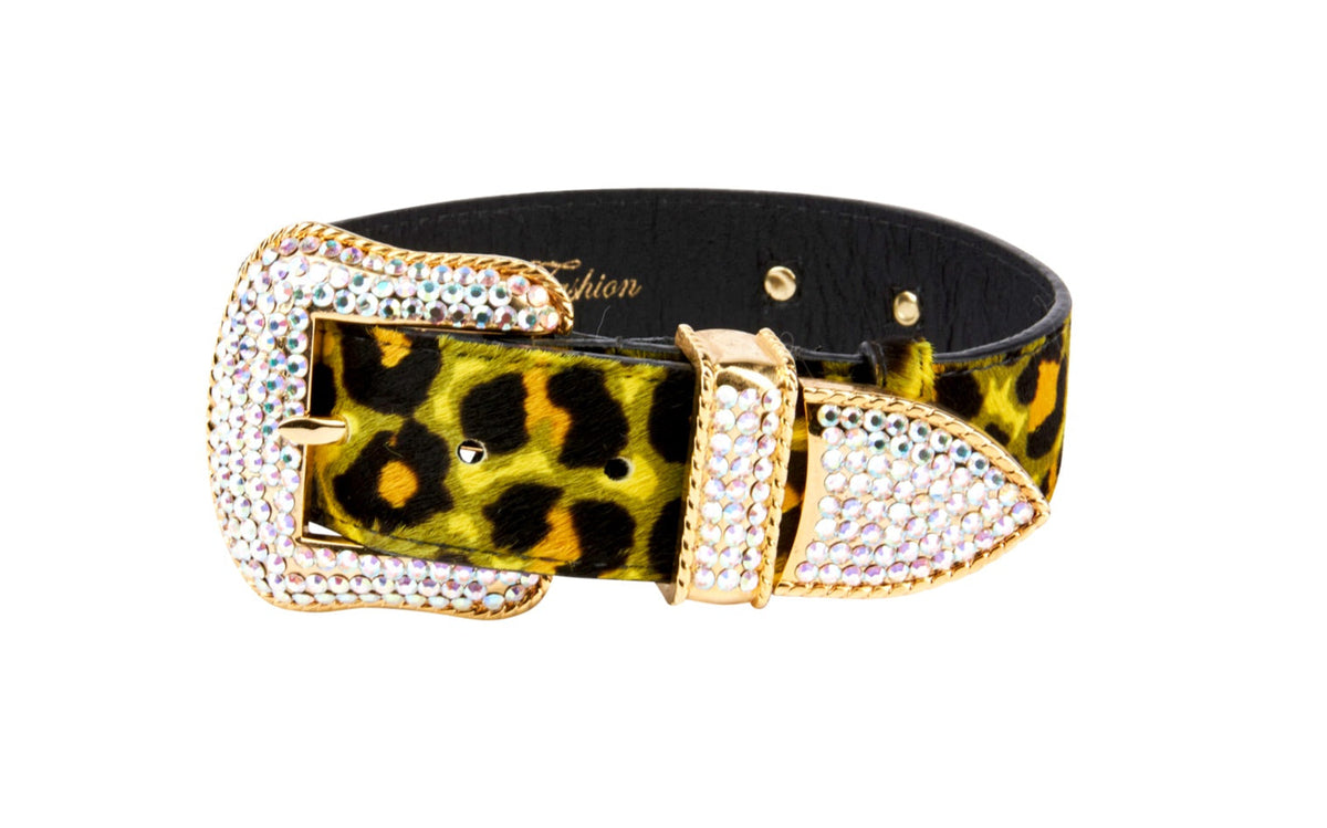 Allysa Payne Yellow, Green, Black, Orange Leopard Print Hair On Hide Italian Leather Dog Collar, With Swarovski Crystal Hardware