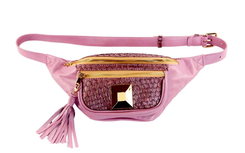 Allysa Payne Pearl Purple Italian Leather/Purple Tilapia Fanny Pack With Custom Large Gold Rivet